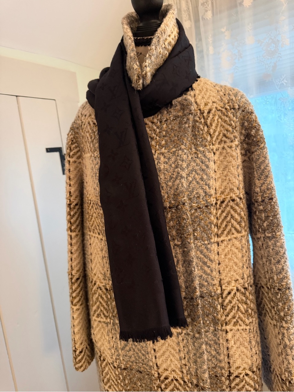 Gerard Darel Cream and Taupe Plaid Wool-Blend Pea Coat